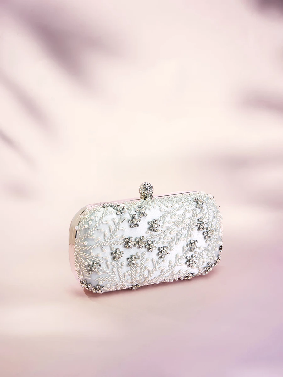 Rylithe 1pc Elegant & Romantic Silver Solid Color Pearl Beaded Evening Bag, Decorated With Rhinestones, Durable, Can Be Used Directly As A Bridal Bag. - Silver - View 1