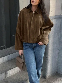 Chaqueta casual urbana de unicolor con bolsillo con cremallera delantera, chaqueta de manga larga relajada, adecuada para primavera y otoño - Bronce - Ver 1