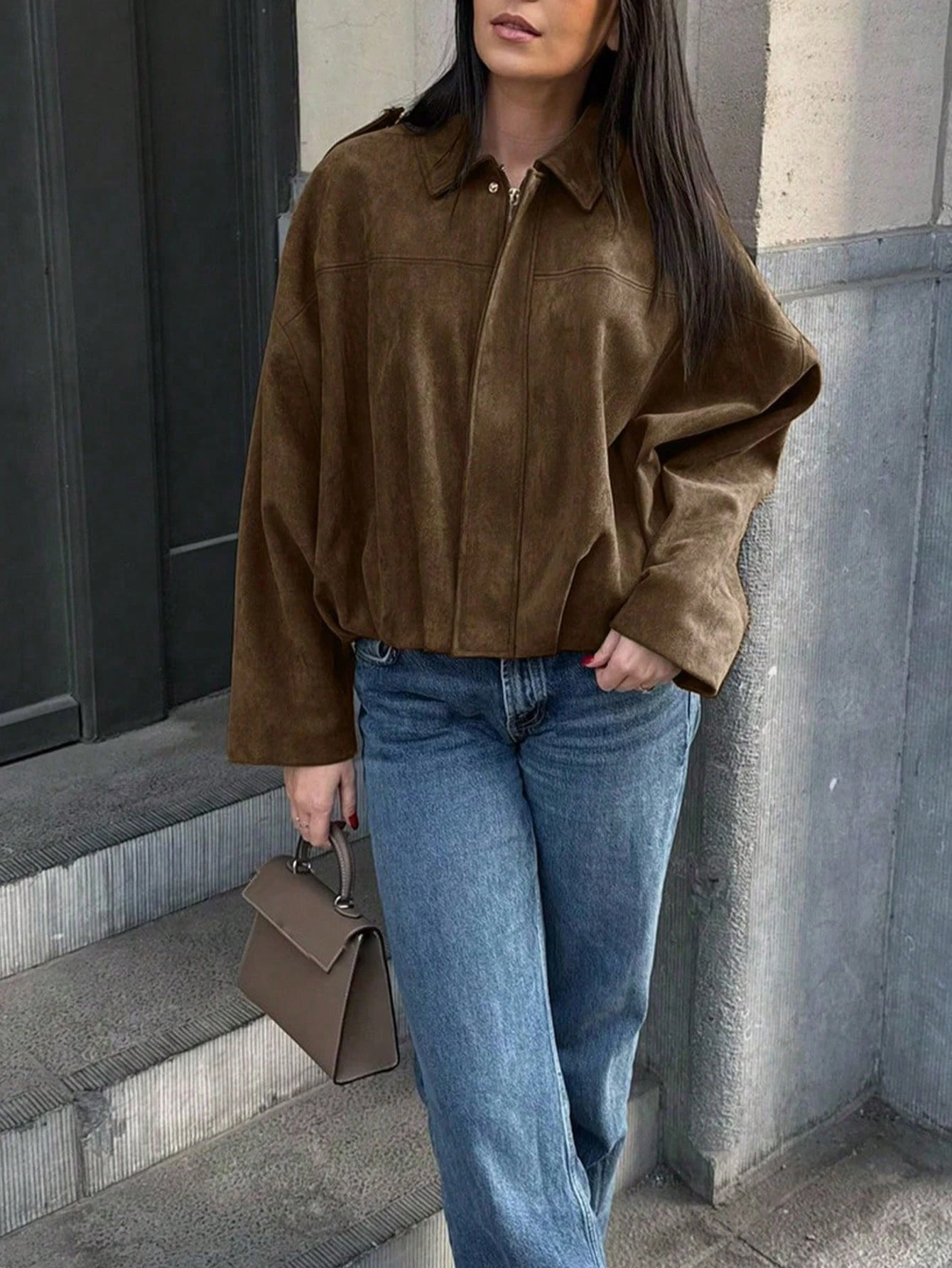 Chaqueta casual urbana de unicolor con bolsillo con cremallera delantera, chaqueta de manga larga relajada, adecuada para primavera y otoño - Bronce - Ver 1