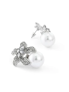 Rylithe 1pair Women Elegant Floral Design Rhinestone Stud Earrings, All Seasons European & American Style Faux Pearl Earrings - White - View 6