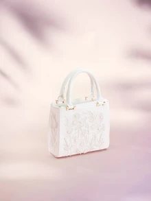 Rylithe Luxury Women's Solid Color 3D Embroidered Floral Handbag, Elegant Party Clutch Bag, Suitable For Vacation, - White - View 1