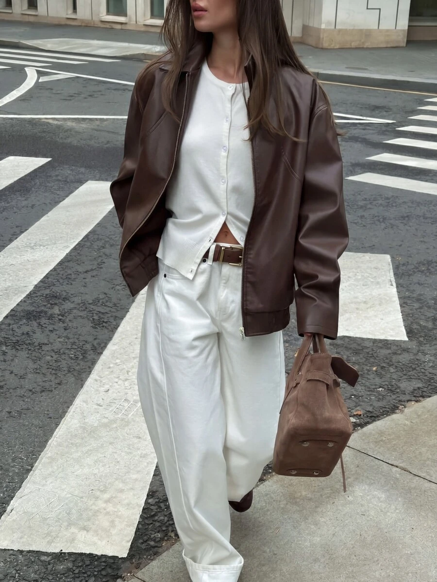 Autumn/Winter Retro Women's Casual Fashion Deep Brown Long Sleeve Lapel PU Leather Jacket - Chocolate Brown - View 1