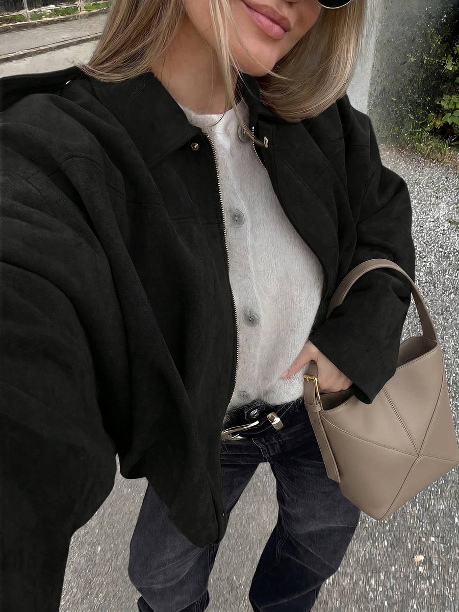 Urban Daily Wear Solid Color Front Zipper Pocket Jacket, Casual Long Sleeve Flight Jacket, Suitable For Spring And Autumn - Black - View 1