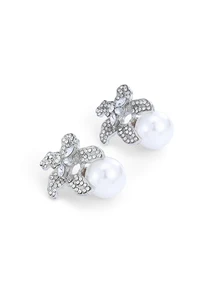 Rylithe 1pair Women Elegant Floral Design Rhinestone Stud Earrings, All Seasons European & American Style Faux Pearl Earrings - White - View 4