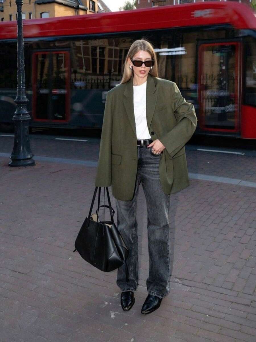 女款純色橄欖綠翻領單排扣西裝外套,休閒長袖前開扣辦公工作夾克,附口袋 - 綠色 - 查看 1