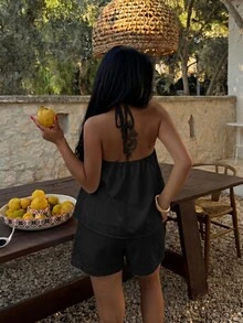 Ensemble 2 pièces débardeur noir mignon et décontracté avec lien à nouer pour femmes, adapté aux vacances d'été élégantes - Noir - Voir 2