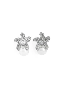 Rylithe 1pair Women Elegant Floral Design Rhinestone Stud Earrings, All Seasons European & American Style Faux Pearl Earrings - White - View 3