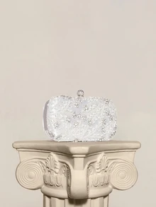 Rylithe 1pc Elegant & Romantic Silver Solid Color Pearl Beaded Evening Bag, Decorated With Rhinestones, Durable, Can Be Used Directly As A Bridal Bag. - Silver - View 2