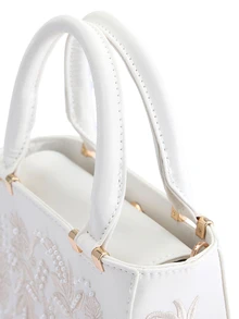 Rylithe Luxury Women's Solid Color 3D Embroidered Floral Handbag, Elegant Party Clutch Bag, Suitable For Vacation, - White - View 7