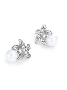 Rylithe 1pair Women Elegant Floral Design Rhinestone Stud Earrings, All Seasons European & American Style Faux Pearl Earrings - White - View 5