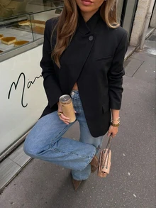 優雅立領單扣西裝外套，專為女性設計，時尚辦公通勤風黑色 - 黑色 - View 3
