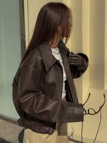 女款復古領長袖極簡PU皮革寬鬆夾克，秋季純色拉鍊長袖復古PU夾克 棕色 - 棕色 - 查看 3