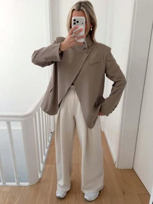 優雅立領單扣西裝外套，女款，時尚辦公通勤風，棕色 - 棕色 - 查看 5