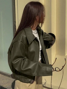 女士复古翻领长袖简约PU皮宽松夹克，女士时尚新款做旧皮夹克，秋季纯色拉链长袖复古PU夹克 - 墨綠色 - 查看 3
