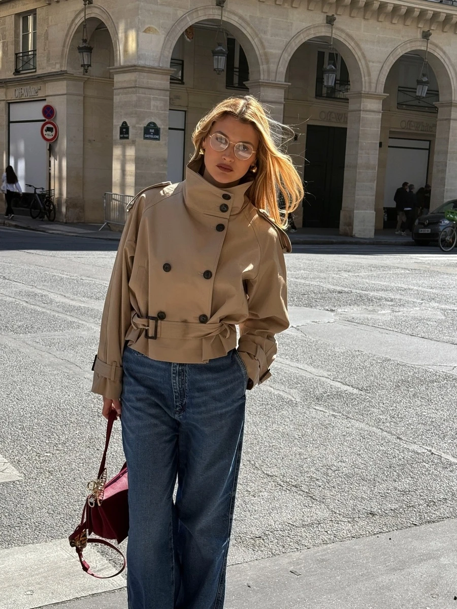 女款優雅時尚波點雙排扣長袖夾克,適合度假穿著 - 卡其色 - 查看 1