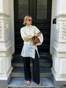 Women's Polka Dot High-Neck Long-Sleeve Shirt Jacket, Featuring Hidden Button Details, And A Minimalist Silhouette White - White - View 2