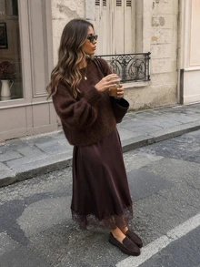 FOR BEAUTY Fall Winter Women Sweaters Y2K Chic Dark Brown Fuzzy Mohair Knit Tops Crewneck Loose Pullover Drop Shoulder Office Brunch Outfits - Red Coffee - View 10