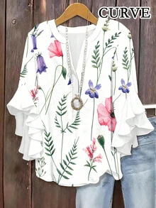 Blus för kvinnor i plus size med blommigt tryck, volanglager, korta ärmar och rund hals, bohemisk stil, semesteroutfit för sommaren - Babyrosa - Visa 1