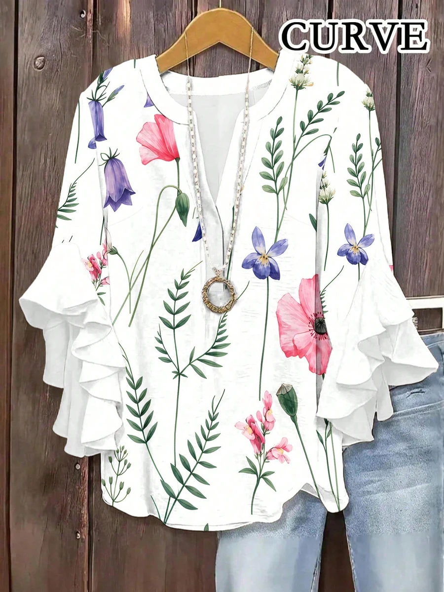 Blus för kvinnor i plus size med blommigt tryck, volanglager, korta ärmar och rund hals, bohemisk stil, semesteroutfit för sommaren - Babyrosa - Visa 1