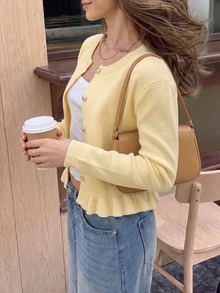 FOR BEAUTY 秋冬 Y2K 女款淺黃色針織開襟毛衣，金色鈕扣圓領長袖前開襟上衣，休閒女款開襟衫 - 黃色 - 查看 8