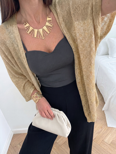 SEREN Summer New Khaki Women's V-Neck Knit Top, Casual And Loose Vacation Style, Hollow-Out Design, Lightweight Short-Sleeved Cardigan