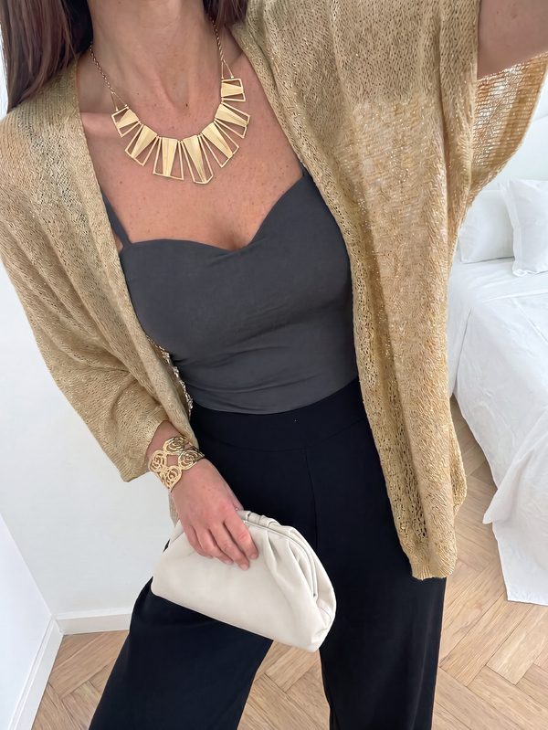 SEREN Nuevo Top de Punto con Cuello en V Color Caqui para Mujer Verano, Estilo Casual y Holgado para Vacaciones, Diseño Calado, Cárdigan Ligero de Manga Corta