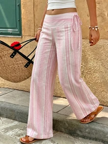 Women's Polyester Pink Striped Long Wide Leg Pants Non-Stretch Casual Pants Spring, Summer, Autumn And Winter Outing Commuting Y2K Style June Festival Country Music Concert, Effortless Style, Streetwear - Multicolor - View 1