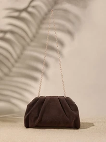 Tropiscape Women's Square Crossbody Bag, Pleated Silk Satin Texture, Lightweight & Fashionable, Metal Chain Strap, Suitable For Evening Outings And Shopping - Coffee - View 1