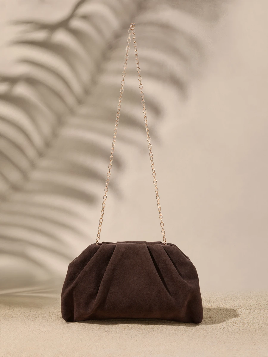 Tropiscape Women's Square Crossbody Bag, Pleated Silk Satin Texture, Lightweight & Fashionable, Metal Chain Strap, Suitable For Evening Outings And Shopping - Coffee - View 1