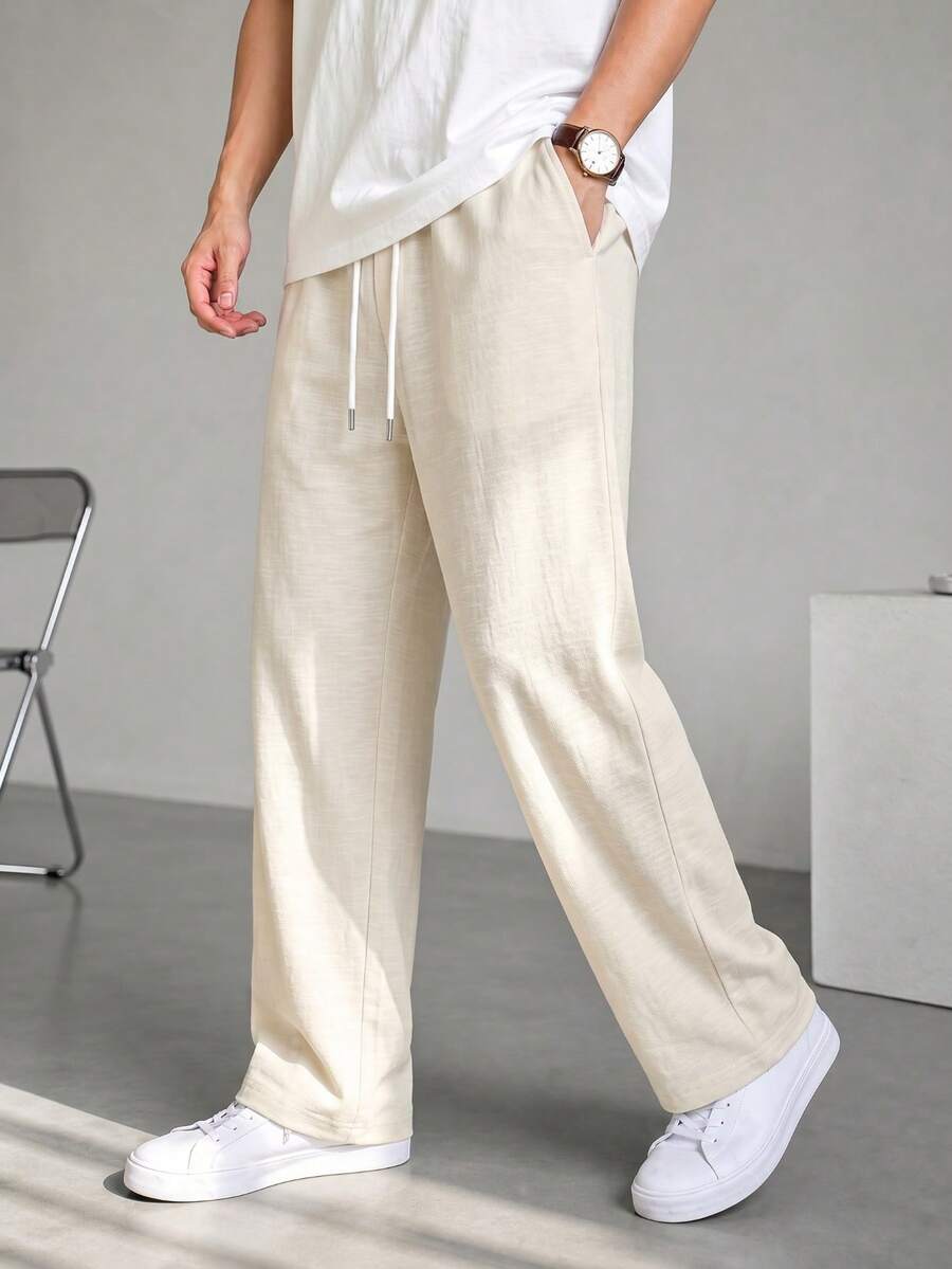 GRDR Apricot Elastic Waist Drawstring Casual Pants Men's Summer Lightweight Breathable Loose Drape Lazy Wide Leg Long Pants