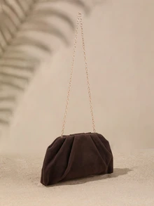 Tropiscape Women's Square Crossbody Bag, Pleated Silk Satin Texture, Lightweight & Fashionable, Metal Chain Strap, Suitable For Evening Outings And Shopping - Coffee - View 3