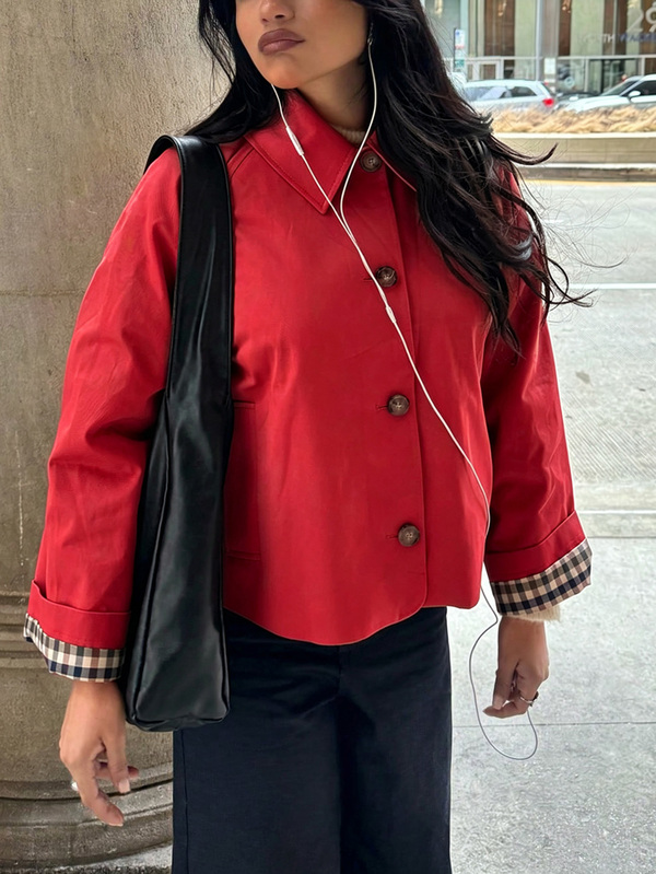 Women's Vintage Plaid Patchwork Lining Lapel Collar Trench Coat, Minimalist Style Short Jacket Red
