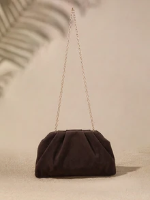Tropiscape Women's Square Crossbody Bag, Pleated Silk Satin Texture, Lightweight & Fashionable, Metal Chain Strap, Suitable For Evening Outings And Shopping - Coffee - View 2