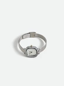 CHICVUE 1pc Women's Minimalist Bar Scale Dial Fashion Mesh Strap Quartz Watch, Suitable For Daily Matching, Birthday, Gift For Her, Anniversary - Silver - View 1