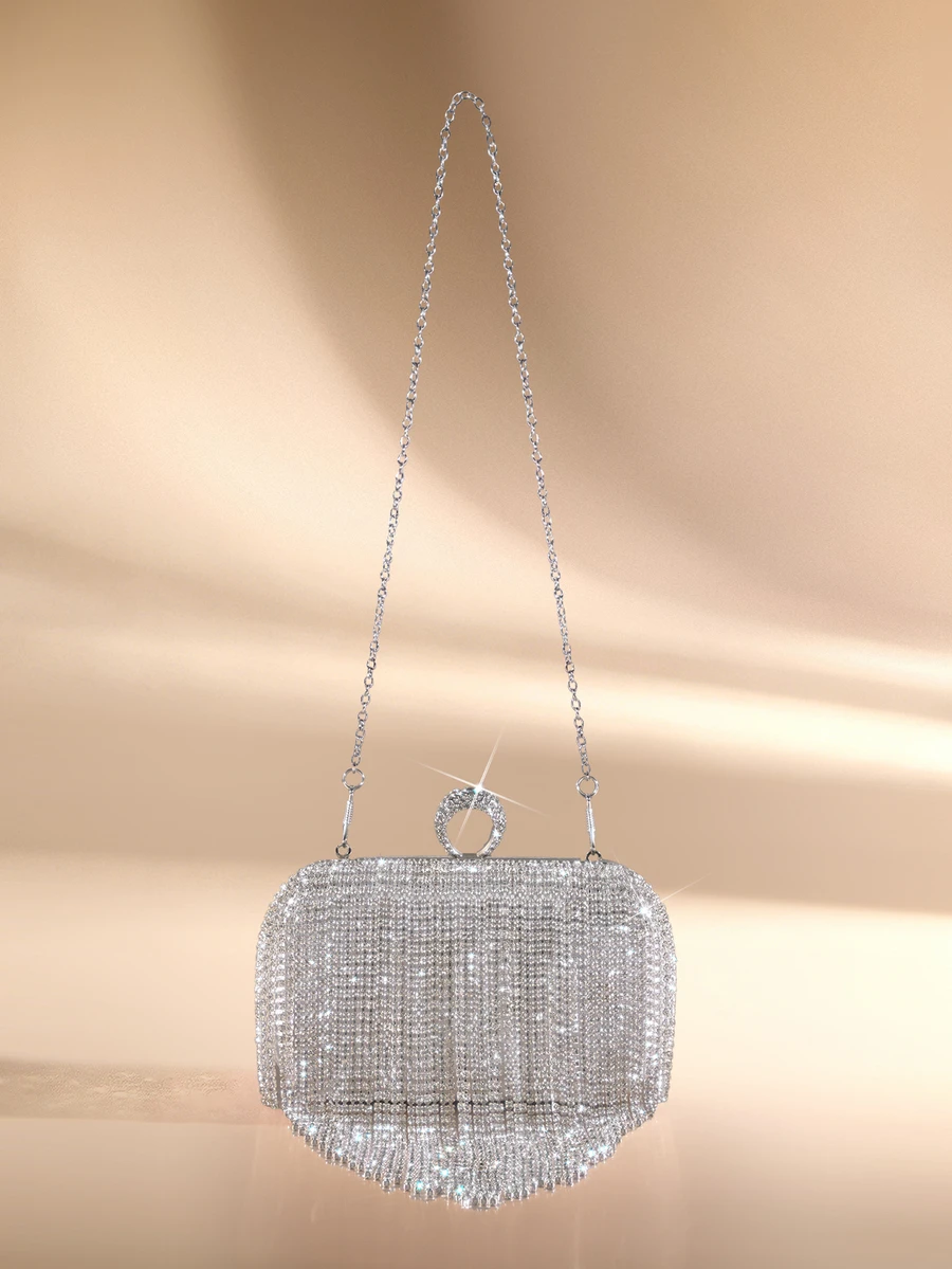 Etoivie European And American Style Diamond Inlaid Fringe Clutch Bag & Ring Handcrafted With Rhinestones, Perfect For Evening Events - Silver - View 1