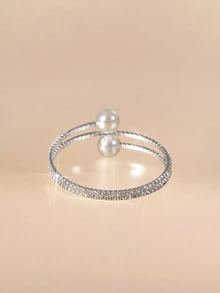 Etoivie 1 pieza Brazalete de muñeca minimalista con cristal y perla, accesorio de vestido de fiesta - Plateado - Ver 2