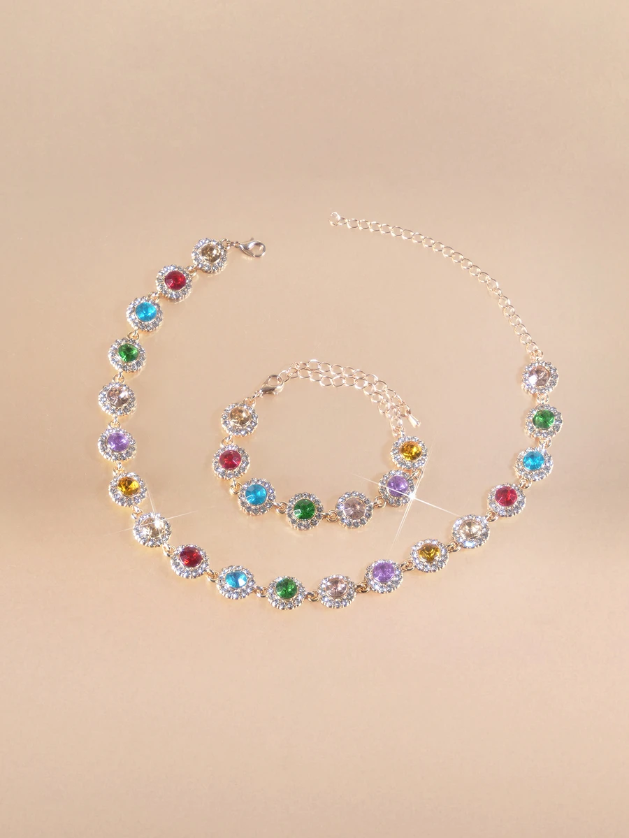 Etoivie 2pcs/Set Fashionable Minimalist Colorful Cubic Zirconia Crystal Necklace And Bracelet Jewelry Set Halloween - Gold - View 1