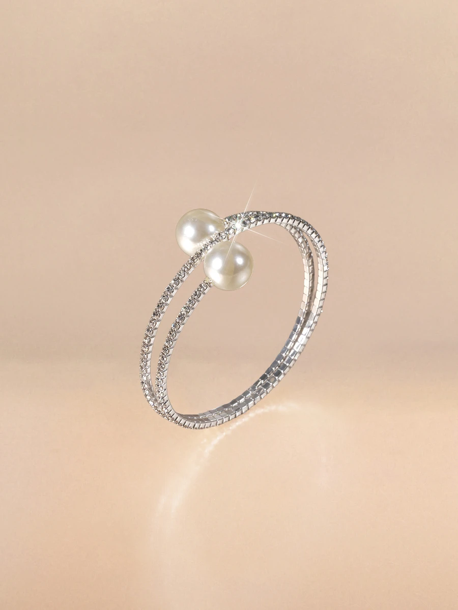 Etoivie 1 pieza Brazalete de muñeca minimalista con cristal y perla, accesorio de vestido de fiesta - Plateado - Ver 1