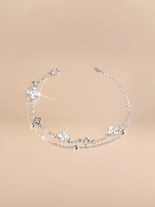 Etoivie 1pc Niche Design Minimalist Zirconia Flower Double-Layer Bracelet (Beads, Chain And Clasp Are Random) - Silver - View 1