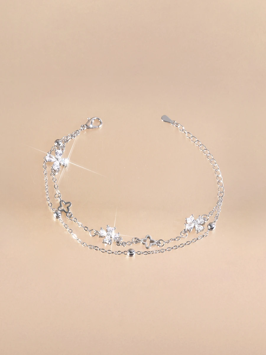 Etoivie 1pc Niche Design Minimalist Zirconia Flower Double-Layer Bracelet (Beads, Chain And Clasp Are Random) - Silver - View 1