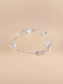 Etoivie 1pc Niche Design Minimalist Zirconia Flower Double-Layer Bracelet (Beads, Chain And Clasp Are Random) - Silver - View 2