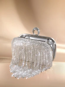 Etoivie European And American Style Diamond Inlaid Fringe Clutch Bag & Ring Handcrafted With Rhinestones, Perfect For Evening Events - Silver - View 4