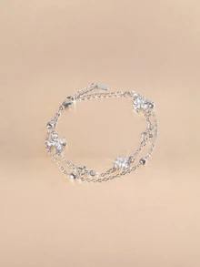 Etoivie 1pc Niche Design Minimalist Zirconia Flower Double-Layer Bracelet (Beads, Chain And Clasp Are Random) - Silver - View 3
