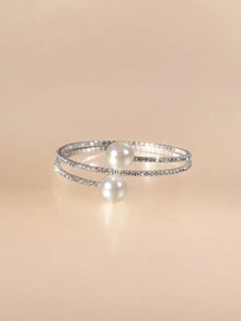 Etoivie 1 pieza Brazalete de muñeca minimalista con cristal y perla, accesorio de vestido de fiesta - Plateado - Ver 3