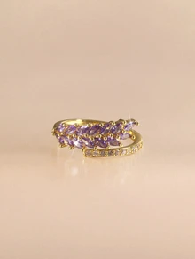 Etoivie 1pc Zirconia Double Row Open Ring, Suitable For Everyday Wear - Gold + Purple - View 4