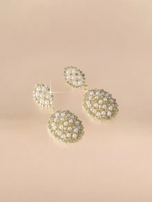 Etoivie 1 par de elegantes pendientes colgantes de perlas sintéticas, pendientes de moda con colgante de racimo de cristal, joyería artificial hipoalergénica - Pendientes de perlas ovaladas - Ver 5