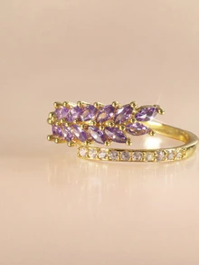 Etoivie 1pc Zirconia Double Row Open Ring, Suitable For Everyday Wear - Gold + Purple - View 5
