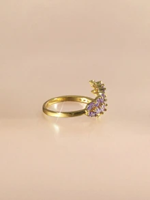 Etoivie 1pc Zirconia Double Row Open Ring, Suitable For Everyday Wear - Gold + Purple - View 3