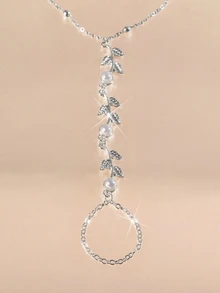 Etoivie 1pc Fashionable Minimalist Pearl Inlaid Leaf Chain Knuckle Bracelet For Women, Sizing Is The Priority, Not The Bead Quantity Halloween - Silver - View 5