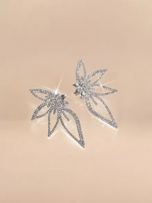 Etoivie 1 par de elegantes pendientes de botón con hojas y flores de strass, joyería de moda para fiestas, San Valentín, mamá, madre, Día de la Madre, regalo de Halloween - Plateado - Ver 2